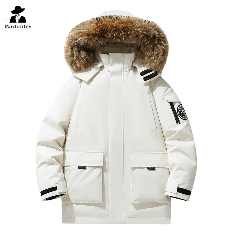 New Winter Warm Down Jacket Men\'s Luxury Thick Removable Wool Collar Hooded White Duck Down Parka Women Trendy Ski Puffer Jacket