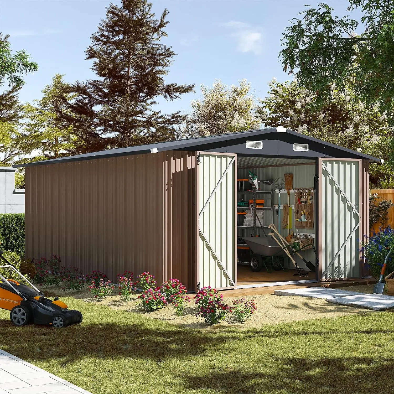 10 x 12FT Outdoor Storage Shed with Double Hinged Large Door, Brown, Customized
