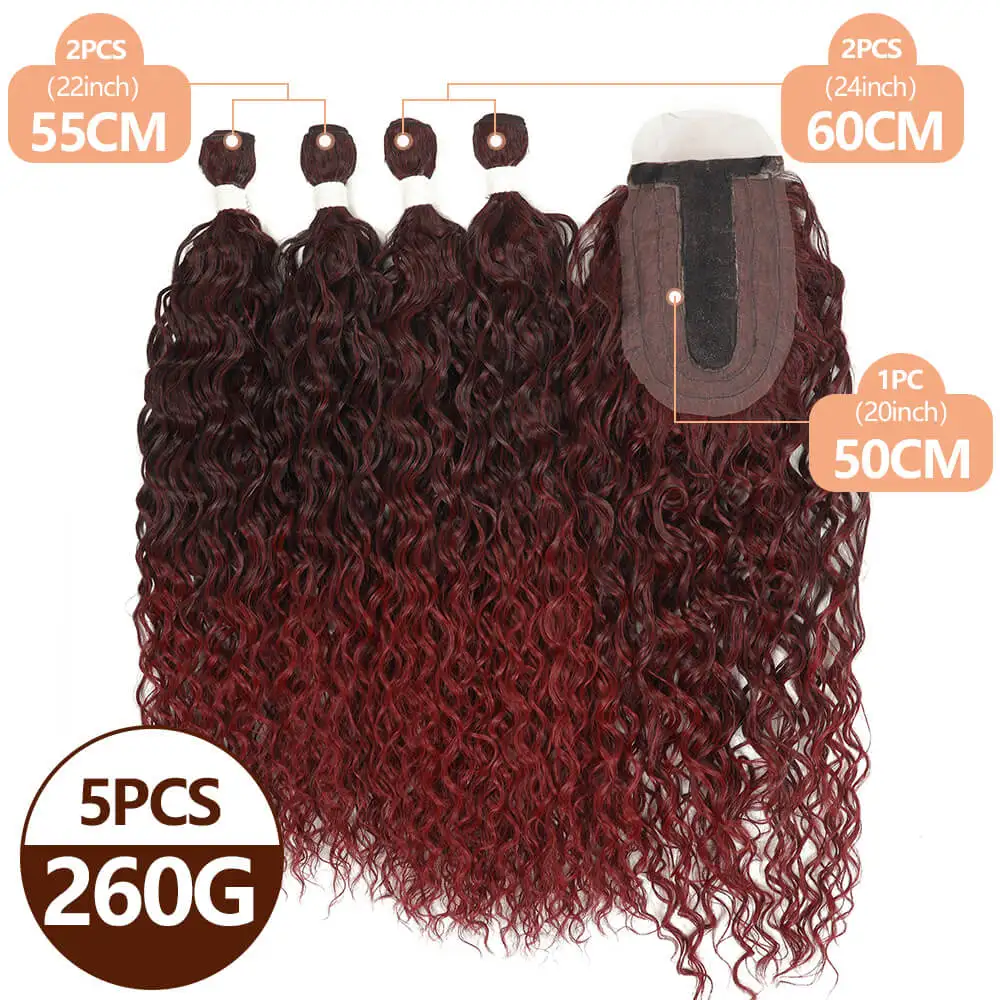 Synthetic Kinky Curly Deep Wave Hair Bundles 4PCS With Lace Closure 22-24 Inch 260g High Temperature Fiber Hair Extensions Weave