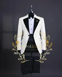 Costume 2 Pièces en Jacquard Blanc pour Homme, Blazer sur Mesure, Pantalon, Revers en Velours, Un Bouton, Smoking de ixde Mariage, Coupe Cintrée, Sur Mesure