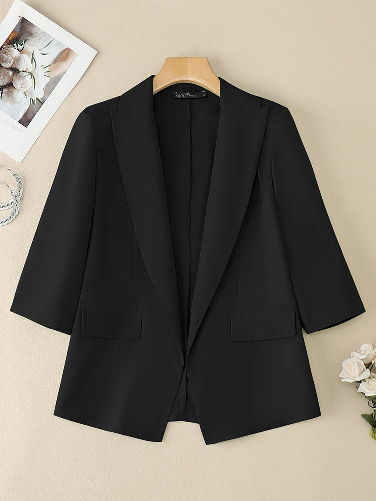

Повседневный женский легкий черный пиджак ZANZEA 2022, осенний однотонный пиковый лацкан с рукавами 3/4, верхняя одежда с открытой передней частью, офисная одежда для поездок на работу 3XL