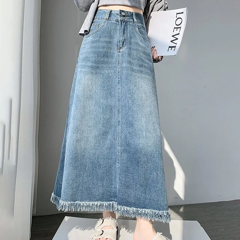 Womens High Waist Denim Maxi Skirt 2026Summer Vintage Washed Frayed Hem Split A Line Long Jean Skirts Casual Y2K Streetwear Chic