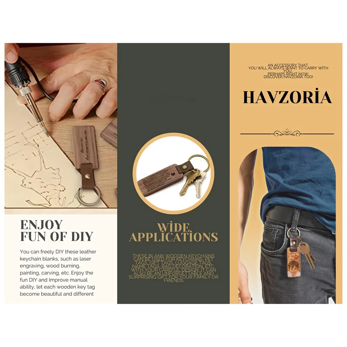 ELBA_Multi-Pack Wood Keychain Blanks Unfinished with Strap Keychain 3Pcs