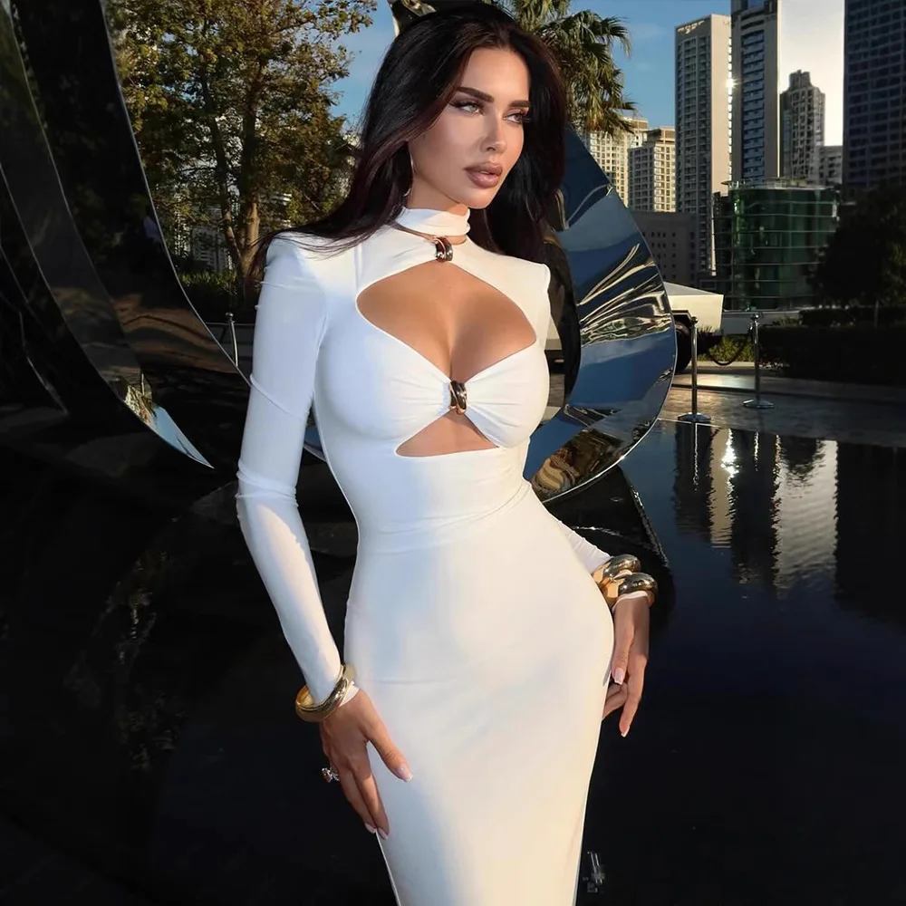 

Fashion Women's Party Dresses Solid Hollow Out Turtleneck Regular Long Sleeve Sheath Bodycon Causal Female Vestidos Robe New