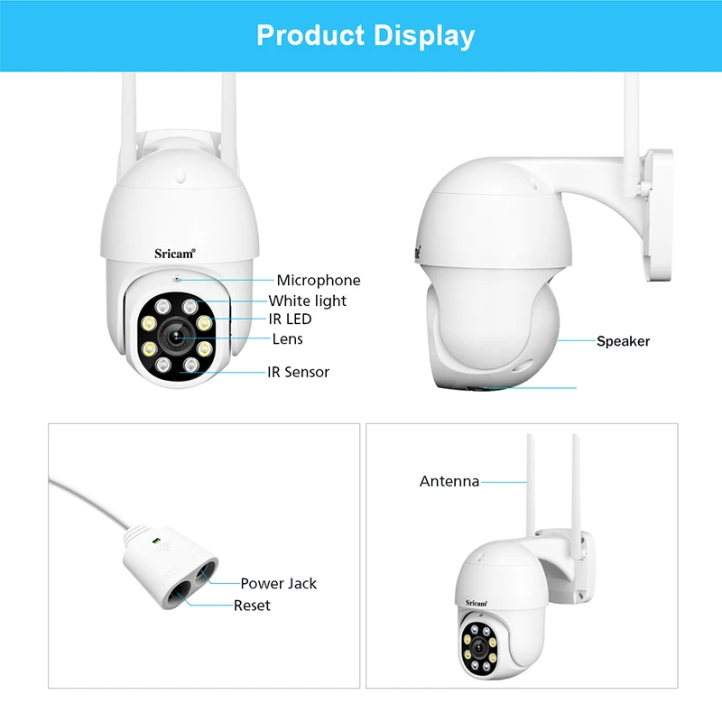 SriHome SP028 2MP  PTZ WiFi Camera Ai Auto Tracking Outdoor IP Camera 2-Way Audio Color Night Vision CCTV Surveillance