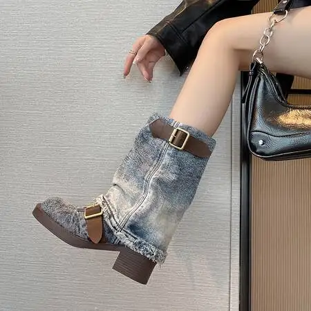 Round Toe Street Western Cowboy Boots 2024 Spring New Casual Belt Buckle Thick Heel Boots Blue/black Fashion Women Mid Boots