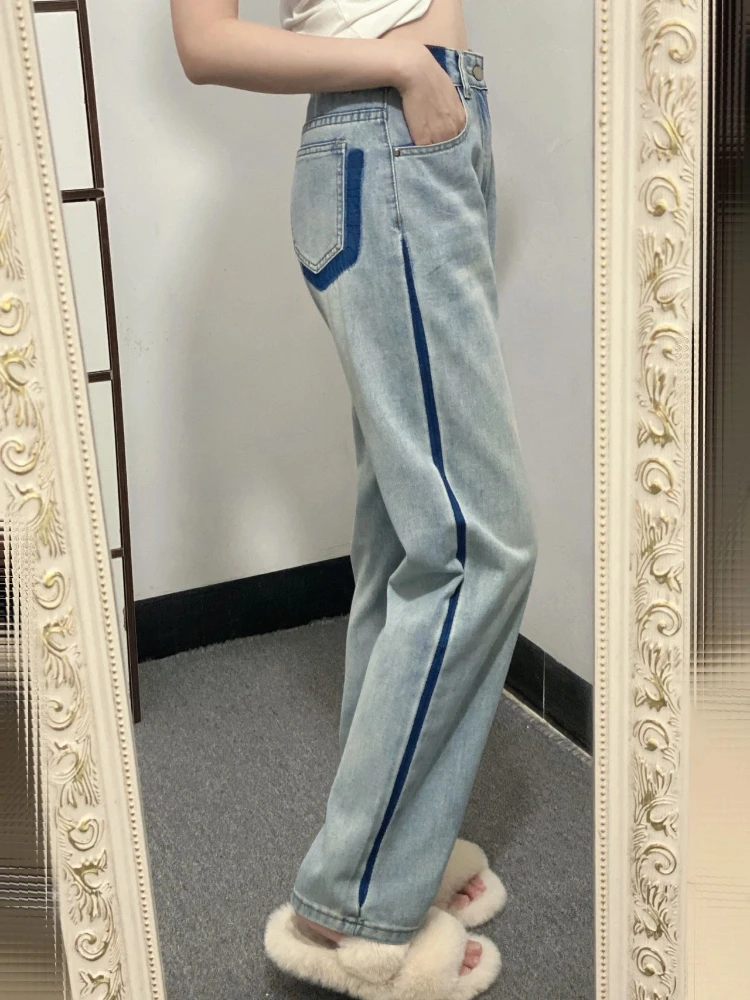 Design sense color blocking retro high waisted jeans for women in autumn and winter slimming wide leg straight leg pants