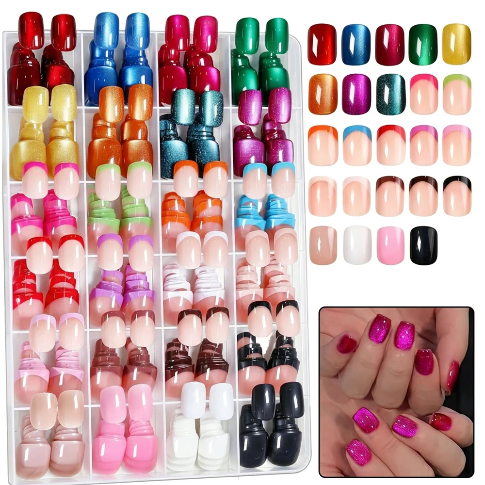 288pcs Solid Color Cat Eye Press On Nails Set, Short Square Glossy Aurora Magnetic Fake Nails, Multi Color False Nail Tips Salon