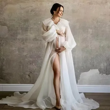 Boho Annelik Fotoğraf Çekimi Şifon Elbise Fırfır Boyun Fener Kol Kravat Kordonlu Gebelik Elbise Bebek Duş Için