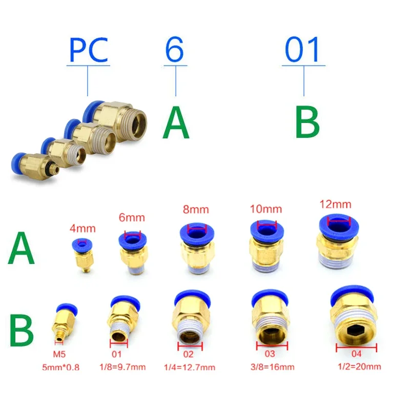 50PCS PC Pneumatic Fitting Air Connector Quick Connecors Fitttings PC4-M5 PC4-01 PC6-01 PC6-02 1/8" 1/4" 3/8" 1/2" Male Thread