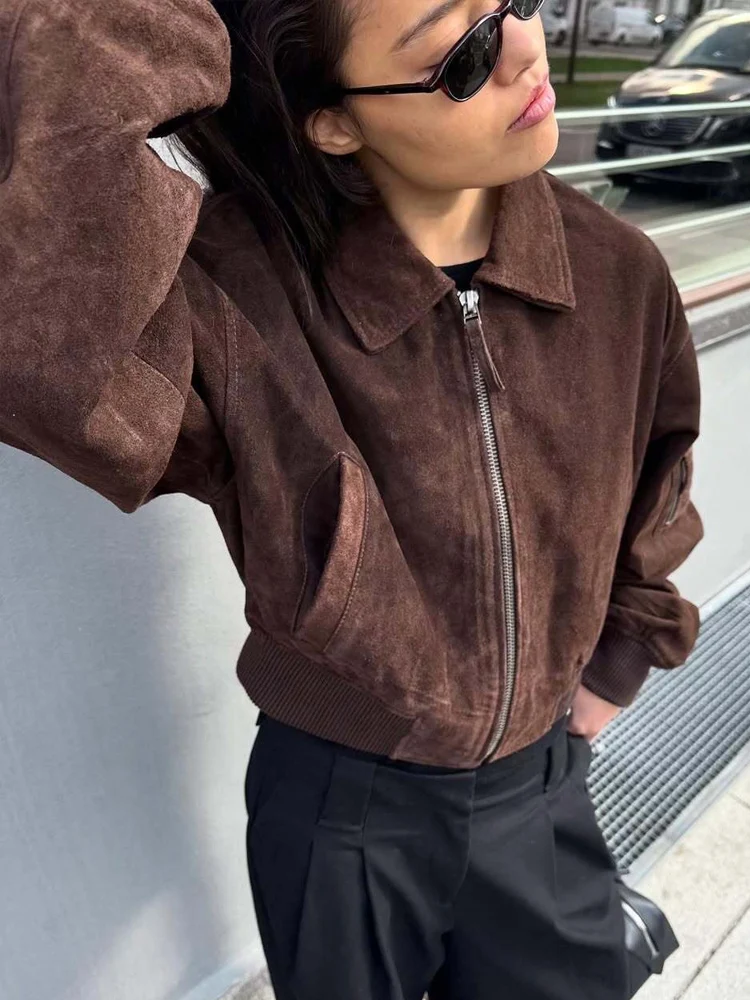 HH 2025 秋物 ソリッドスエード クロップドボンバージャケット レディース ラペル 長袖 ジップポケット ショートコート カジュアル オフィス アウター