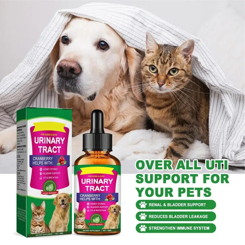 Haustier-UTI-Behandlungen, 60 ml, leistungsstarke Katzenblasentropfen für die Harnwegpflege, multifunktionale UTI-Behandlungen für Cranberry-Hunde und Katzen