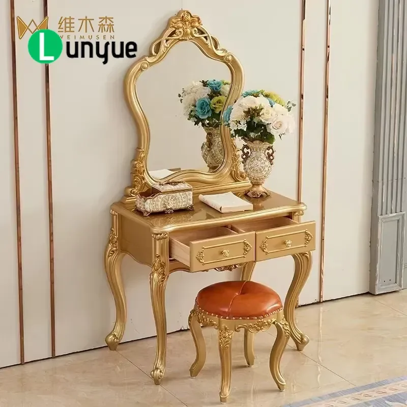 European Solid Wood Carved Flower Dresser Makeup Vanity Table with Drawer Bedroom Living Room Hotel Furniture Set Elegant
