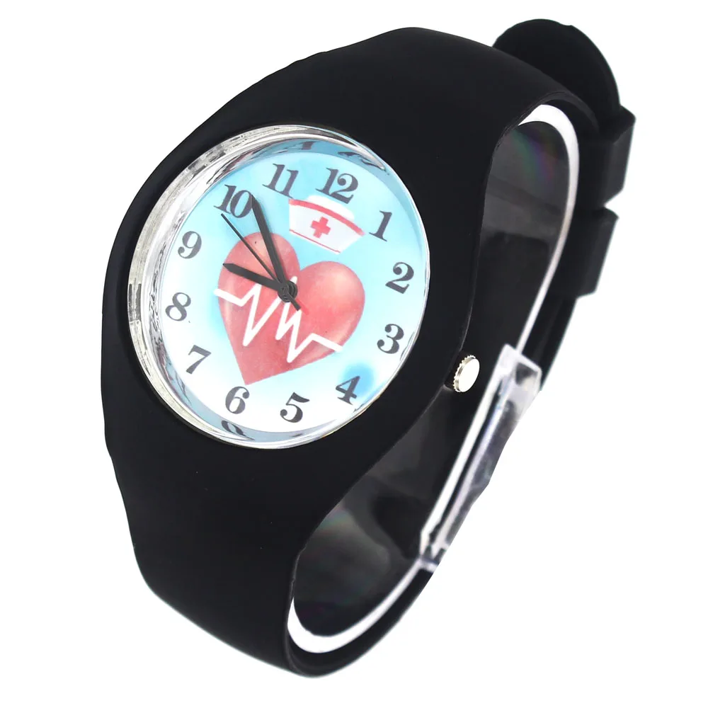 Nurse Cap Doctor Heart Shape Hearts Rate Pattern Love Gift Fashion Women Men Sport Silicone Strap Analog Quartz Wrist Watch