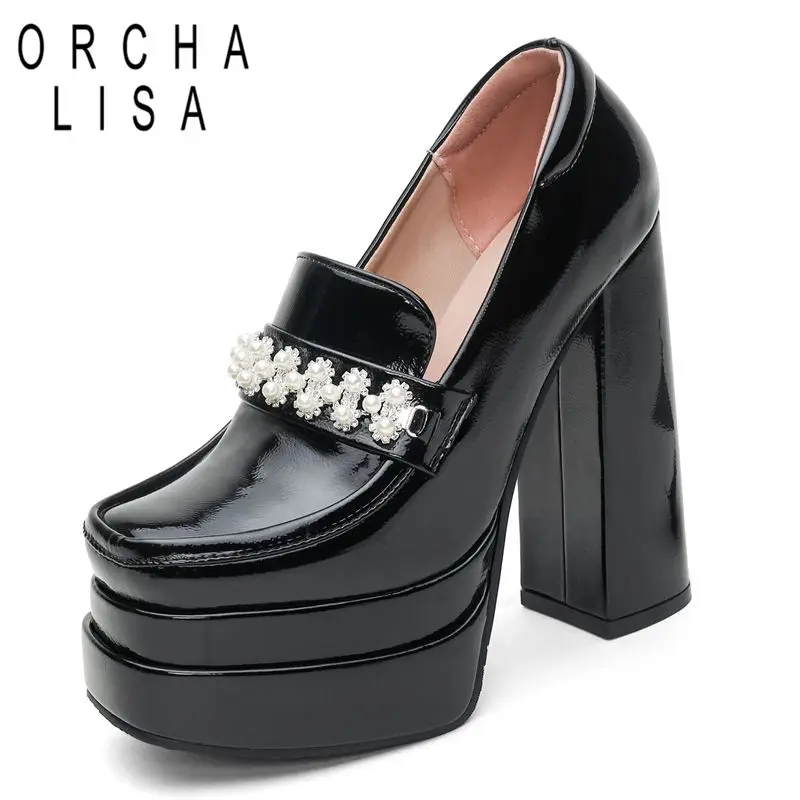

ORCHA LISA 2025 Сексуальные женские туфли-лодочки с квадратным носком на массивном каблуке 14 см, двойной платформе, 4 см, без шнуровки, с кристаллами, большие размеры 43 44 45, блестящая бота