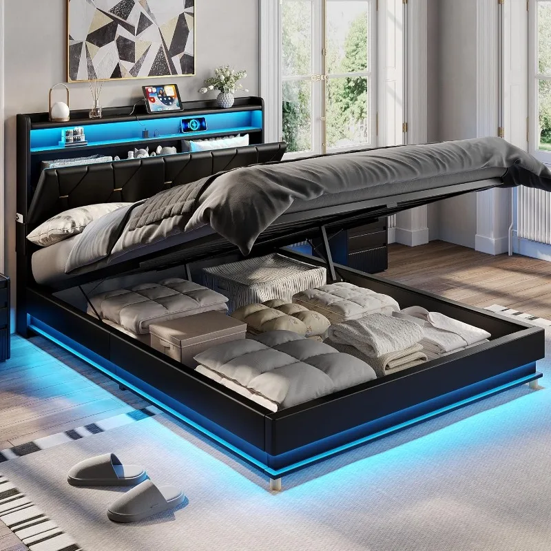 l Estrutura de cama de armazenamento queen size, cabeceira de armazenamento com estação de carregamento, cama de plataforma estofada com luzes LED, sem B