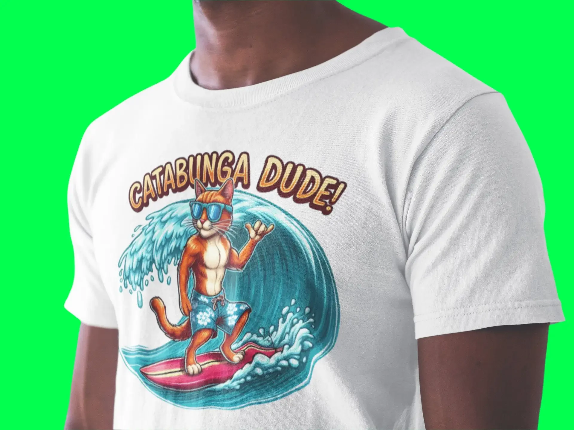 Surfing T Shirt Cat Cool Surfs Up Surf Board Cowabunga