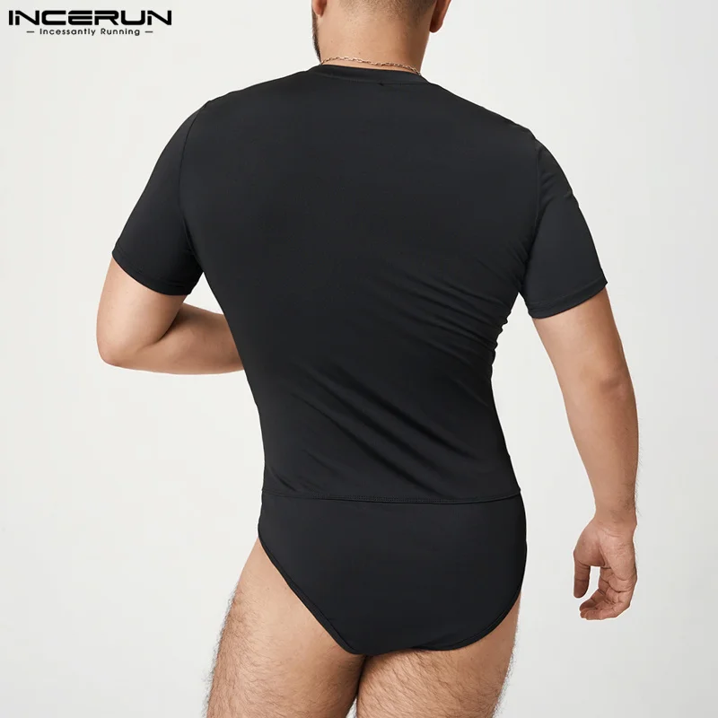 INCERUN Men Bodysuits Solid Color V Neck Short Sleeve Sexy Zipper Underwear Rompers Fashion Cozy 2023 Casual Men Bodysuit S-5XL