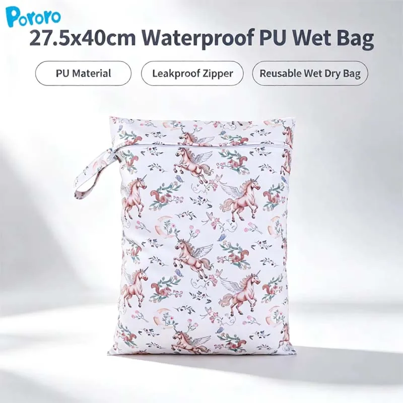 Waterproof Glossy PU Wet Dry Bag 27.5x40cm Solid Color Large Capacity Snap Handle Storage Pouch For Maternity Baby Diapers