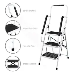 3-Stufen-Leiter mit Handlauf, klappbare Trittleiter, tragbare Stahl-Trittleiter für die Küche zu Hause, 150 kg Tragkraft, einfach zu verstauen