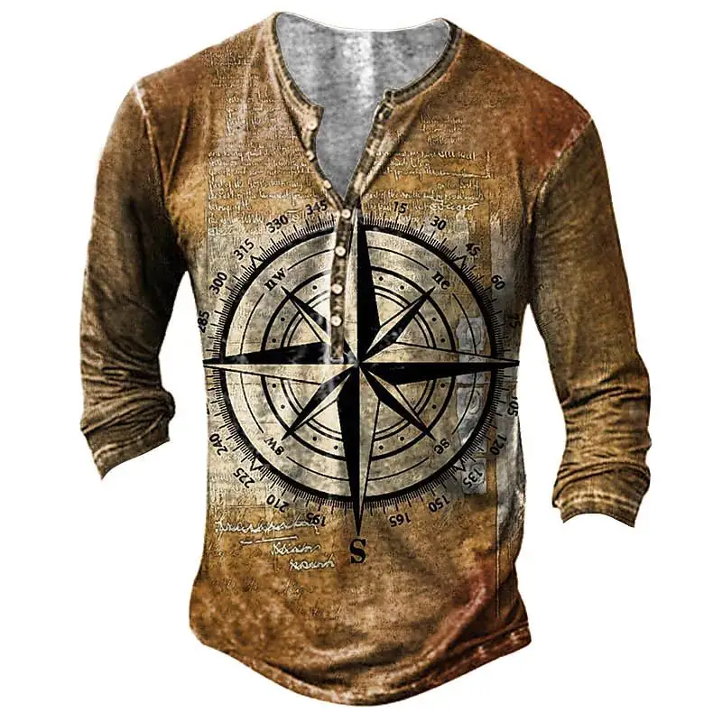 Vintage V-neck Cotton Long Sleeve T-shirts For Men 3d Print Navigation Henley Shirt Hip Hop Y2k Pullover Oversized Tee Shirt Men