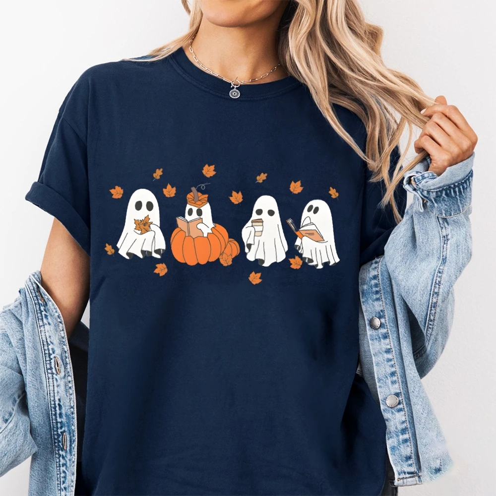 เสื้อยืดลายหนังสือผีน่ารัก ลายกราฟิกหนังสือฮาโลวีน ฤดูใบไม้ร่วง เสื้อยืดผ้าฝ้ายแท้ สไตล์น่ารัก สวมใส่สำหรับของขวัญฮาโลวีนสำหรับเขาและเธอ