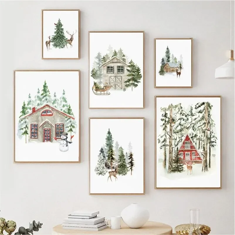 Painting Wall Art Christmas Farmhouse Pictures Forest Deer Woodland Posters and Prints Winter Canvas Painting Home Decor