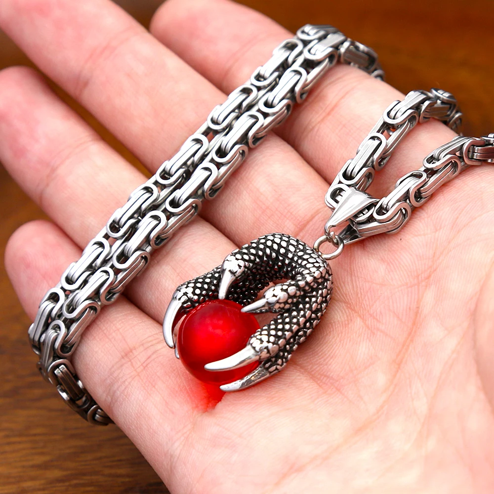 

Fashion Viking Dragon Claw Necklace Stainless Steel Red Bead Pendant For Men Unique Punk Biker Amulet Jewelry Gift Dropshipping