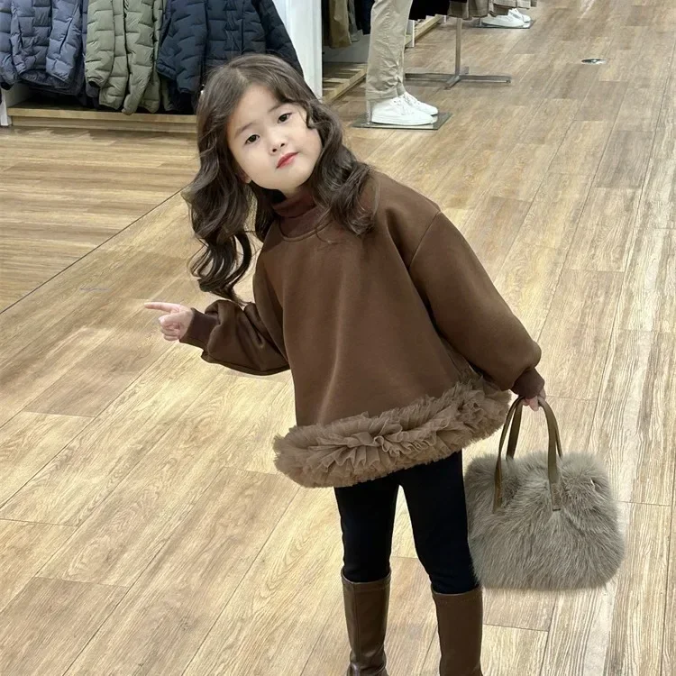 Childrens Sets Korean Sweatshirt 2024 Autumn/Winter New Collection Baby Mesh Lace Velvet Solid Color Sanitary Dress Girls Top