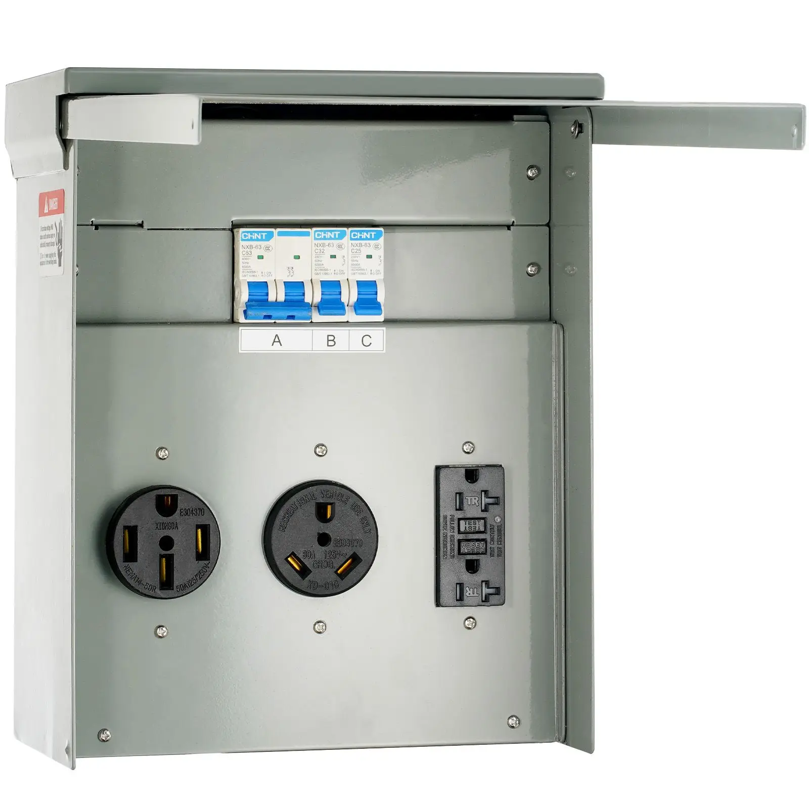 Temporary Power Outlet Panel, 125/250V, RV Box with a 20/30/50 Amp Receptacle Installed, NEMA 14-50R / TT-30R / 15A GFCI for