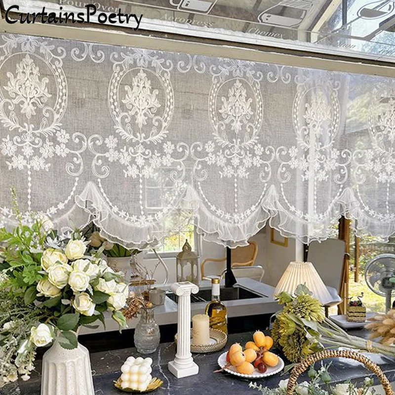 

Lace Curtains Scalloped with Pearls Elegant Floral Sheer Light Filtering Farmhouse Decor Window Curain for Bedroom & Living Room