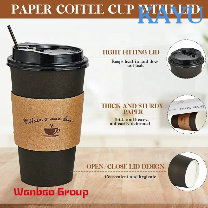 Custom  Customization Logo 8 12 14 Oz Biodegradable Black Takeaway Juice Cake Coffee Packaging Double Layer Paper Cups With Lid