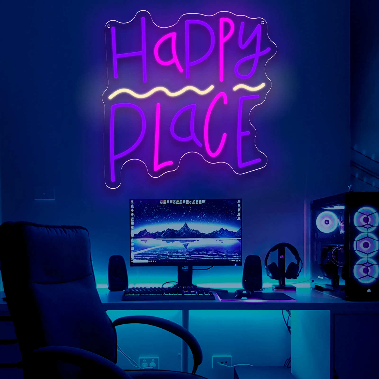 Happy Place LED Neon Sign USB Dimmable untuk Dekorasi Dinding Rumah Kamar Tidur Gadis Restoran Tempat Wisata Pertunangan Pernikahan Hotel Hadiah