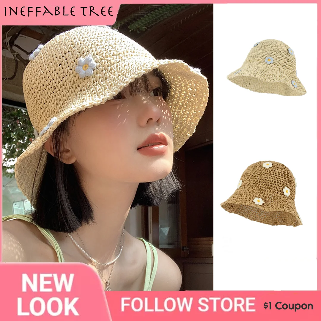 

Japanese Small Fresh Blue Small Flower Straw Hat Summer Beach Outing Foldable Portable Wide Brimmed Fisherman Hat Bucket Gorras