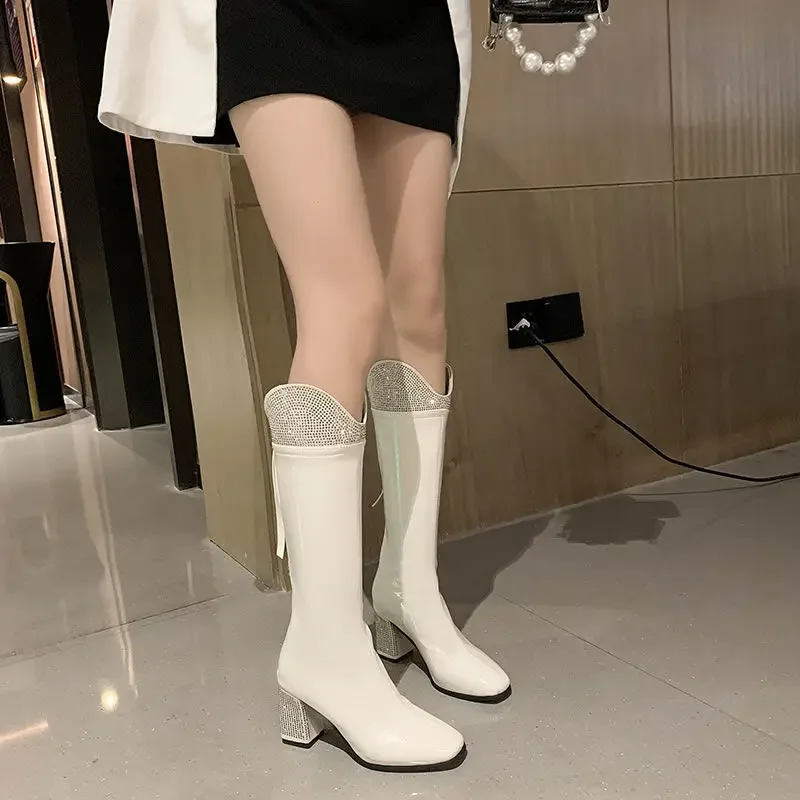 Long Boots for Women Square Toe Knee High Shaft Shoes Woman Autumn Winter 2024 Fashion New In Hot Quality on Promotion Spring Pu