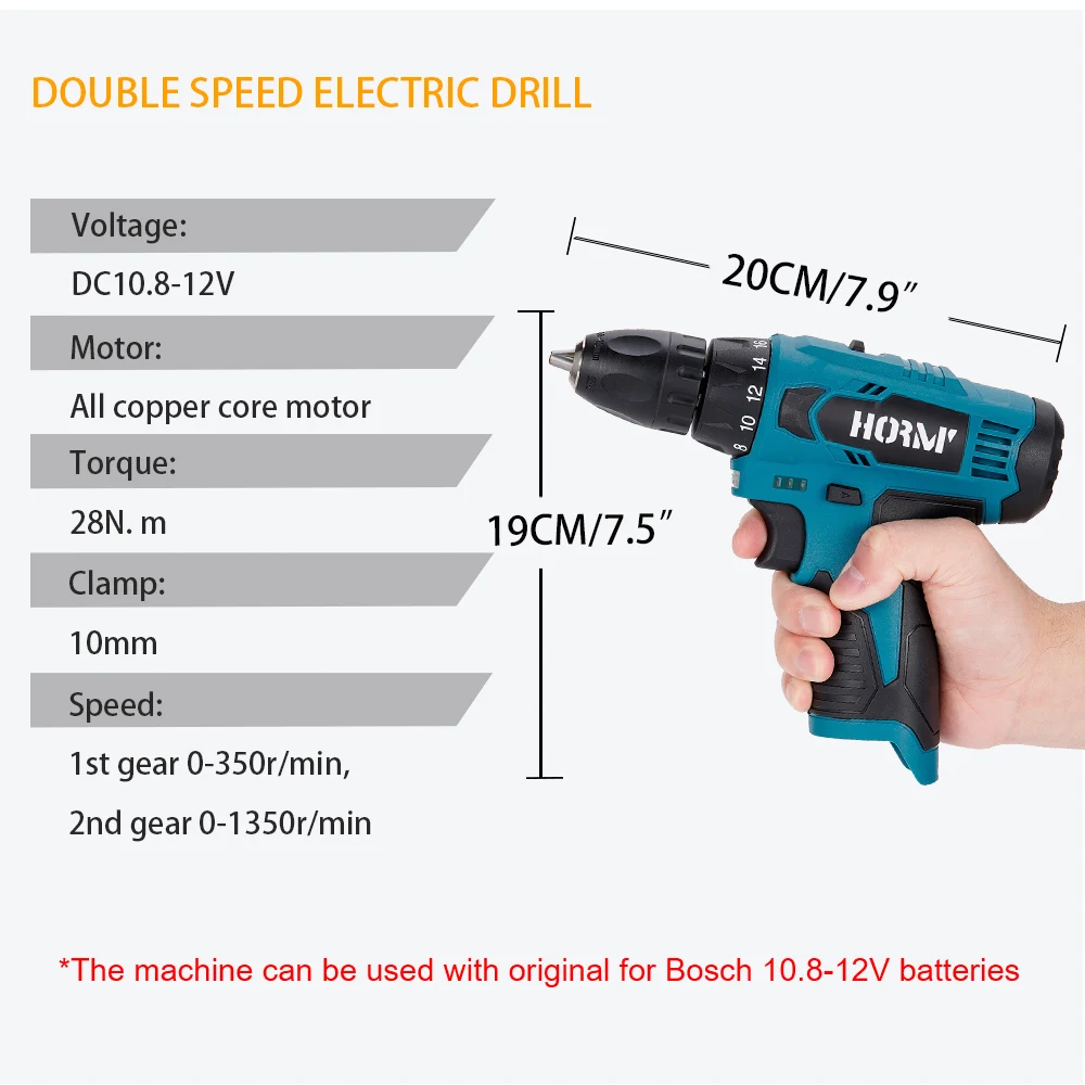 12V Electric Cordless Drill 10mm Screwdriver Hole Two Speed 28N.m Electric Wrench Home DIY Power Tool For Bosch 12V Battery