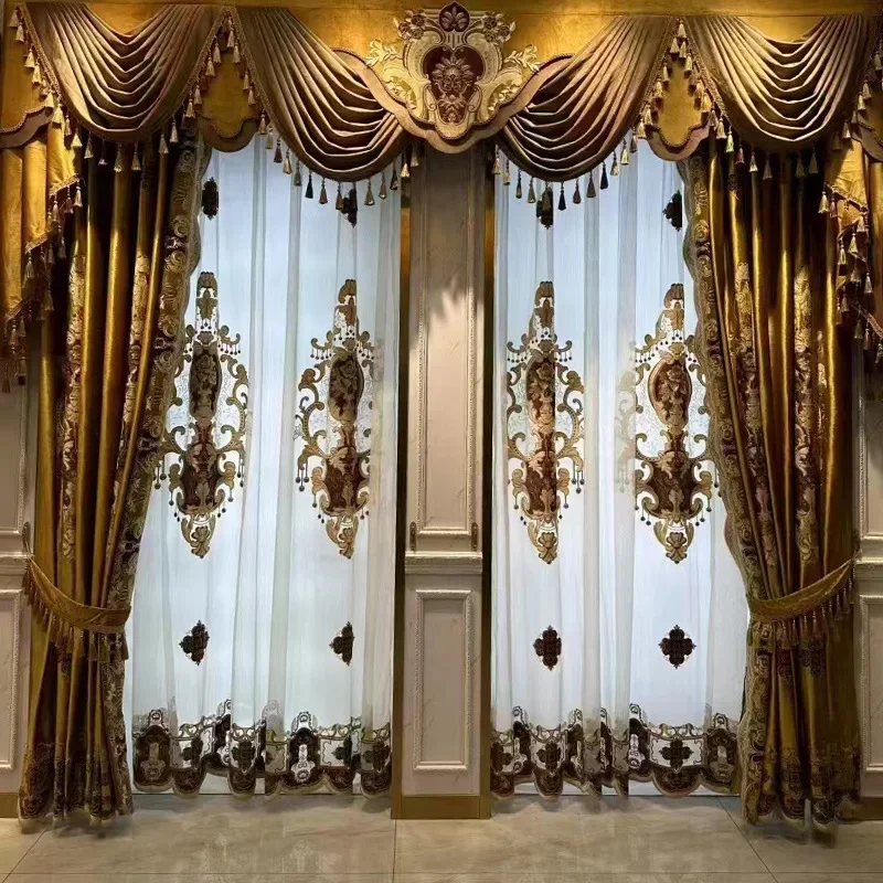 

Golden Luxury Ice Silk High Quality Window Curtains for Living Dining Room Bedroom Villa Study Hotel Apartment Home Kitchen