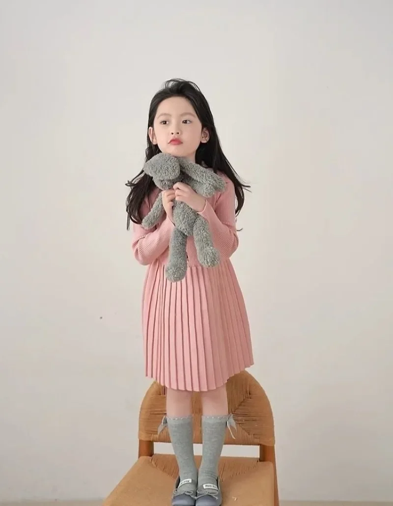 Girls' 2025 New Fall/Winter Knitted Peter Pan Collar Pleated Maxi Dress - Trendy Wearable Dress for 4-12 Years Old