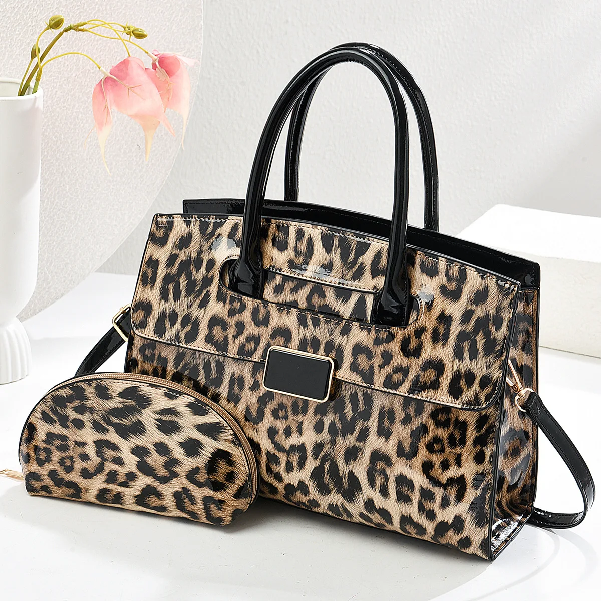 

European American Fashion Leather Leopard Print Handbag Luxury Women Large Capacity Portable Female Shoulder Bag Travel Bag