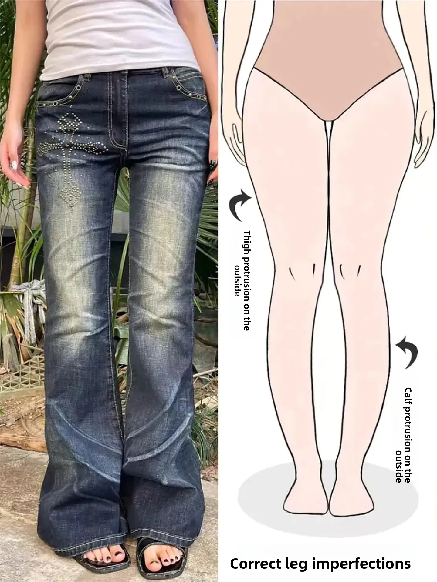 

Low Waist Bell Bottom Denim Jeans Women's Retro American Style Pear Shaped Body Embroidered Cross Elastic Long Trousers