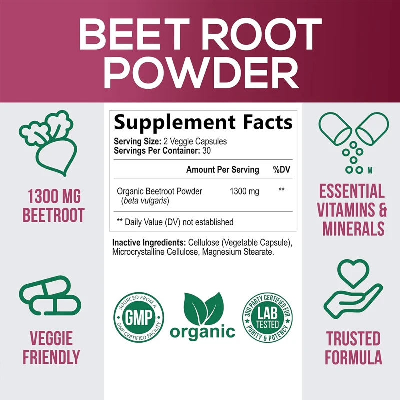 Extrato de BetRoot 60 cápsulas suplemento 1300 miligramas extra força para apoiar a circulação sanguínea e a saúde do coração