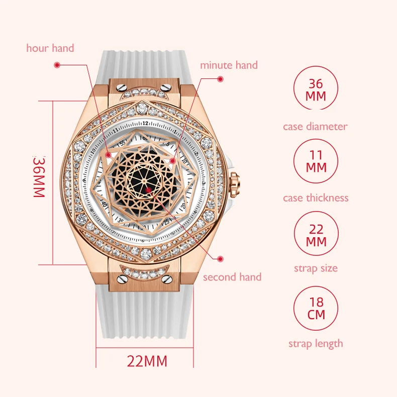 HANBORO Women Luxury Watch 36mm Ladies Quartz Wristwatch Luminous Waterproof Silicone Strap 112pcs Crystal