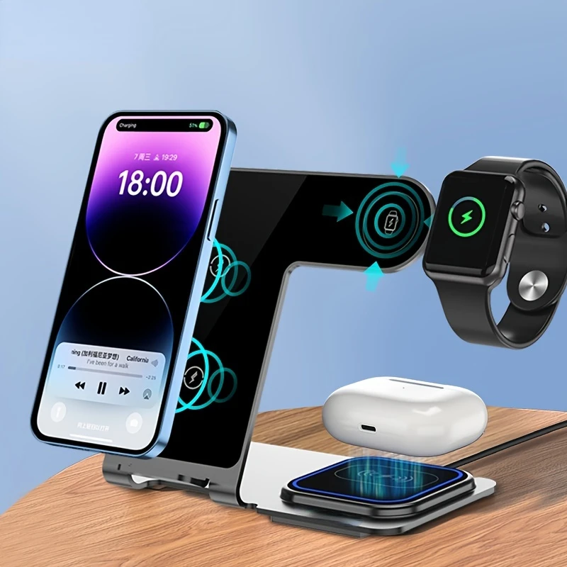 

Azeada Metal Material 3 In 1 Wireless Charging Stand Holer For IWatch, AirPods, IPhone, IPad, Android, Tablets
