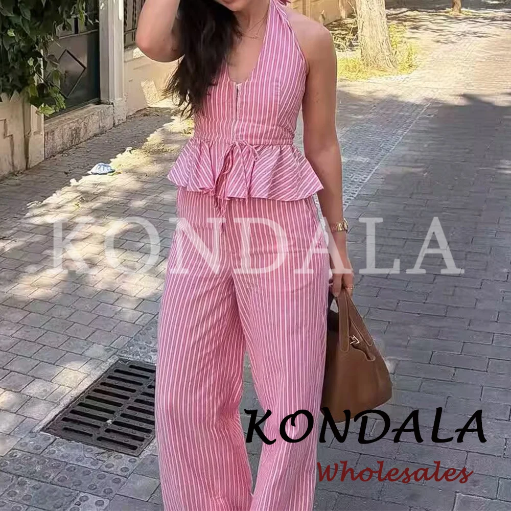KONDALA Chic Summer Pink Striped 2026 Women Suit Neck-mounted Short Vest+ Drawstring Wide Leg Long Pants Fashion Y2K Female Suit - view 2