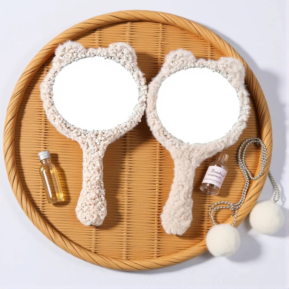 Comfortable Plush Bear Handheld Makeup Mirror Round Desktop Cosmetic Mirror Portable High Definition Vanity Mirror for Women
