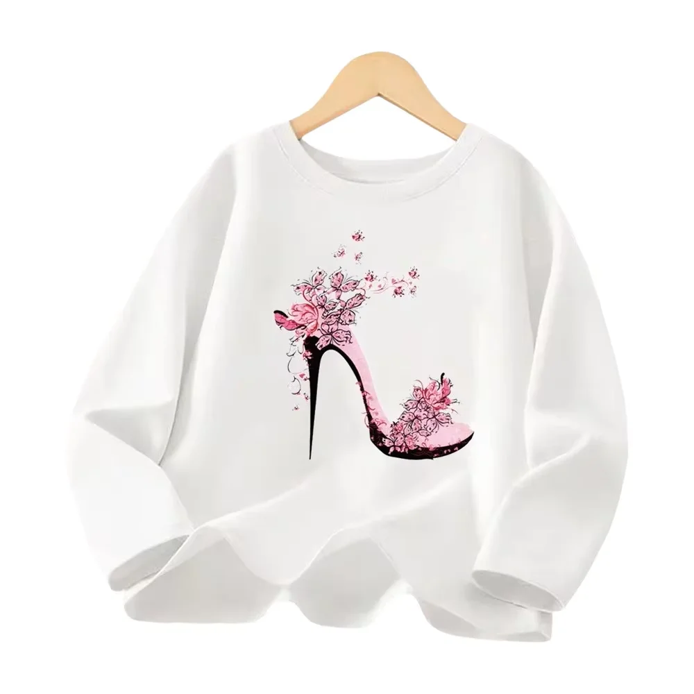 Kids T-shirt with Floral Butterfly High Heel Print Long Sleeve Casual Top for Girls, Fashion Girl Spring Autumn Clothes GGX1