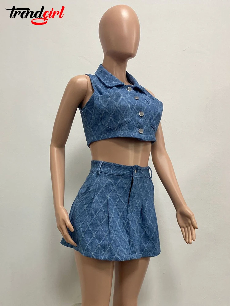 Mlaiscsr Washed Plaid Denim Two 2 Piece Set Women Sleeveless Turn-down Collar Tank Tops and Mini Skirts Birthday Jean Outfits