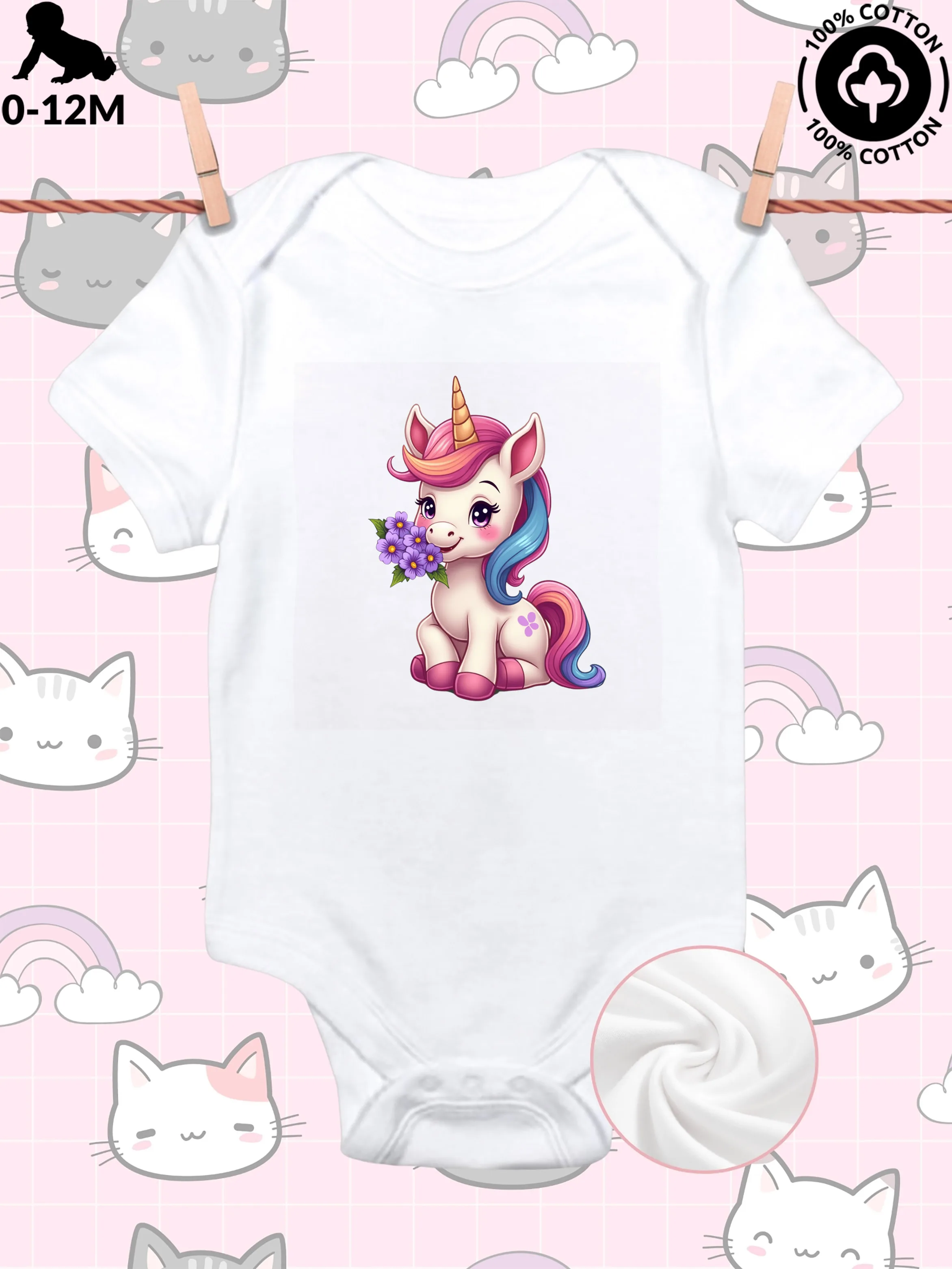 

Детский комбинезон-слип унисекс с единорогом и цветами в роте, из чистого хлопка, мягкий, всесезонный, белый, 190 г/м²