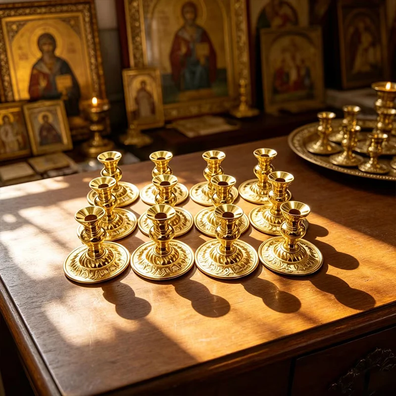 Exquisite Gold Metal Orthodox Candle Holder Small Ornate Byzantine Candlestick for Home Altar Christian Prayer Religious Gift Se