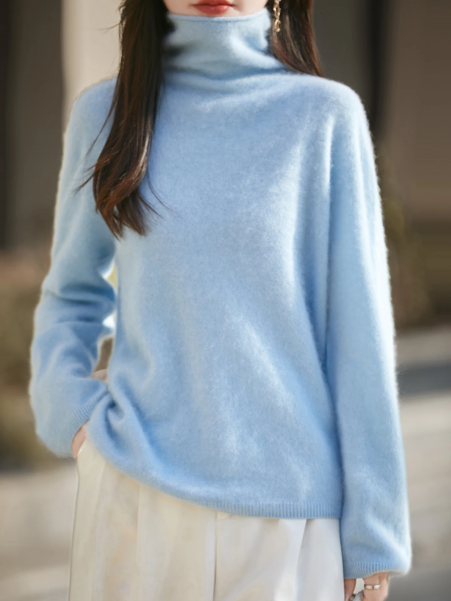 

Женский свитер TLOML из 100% мериносовой шерсти, вязаный, с высоким воротом, кашемировый, повседневный, свободный, в стиле «ленивый шик», для осени и зимы, мягкий, толстый, топ